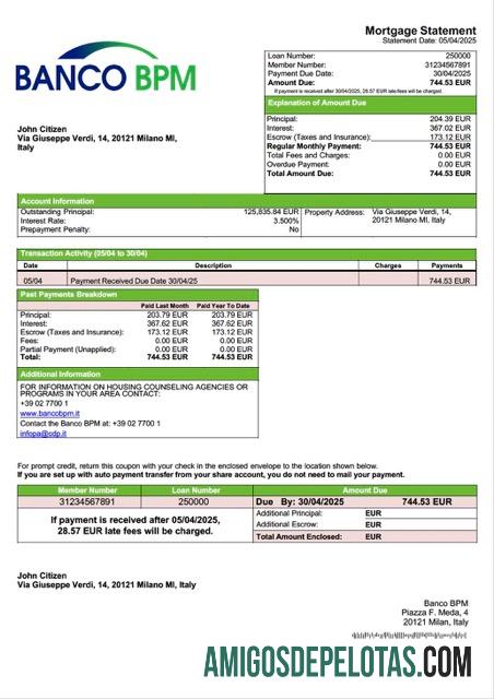 em branco Modelo Word e PDF de extrato de hipoteca do Banco BPM da Itália